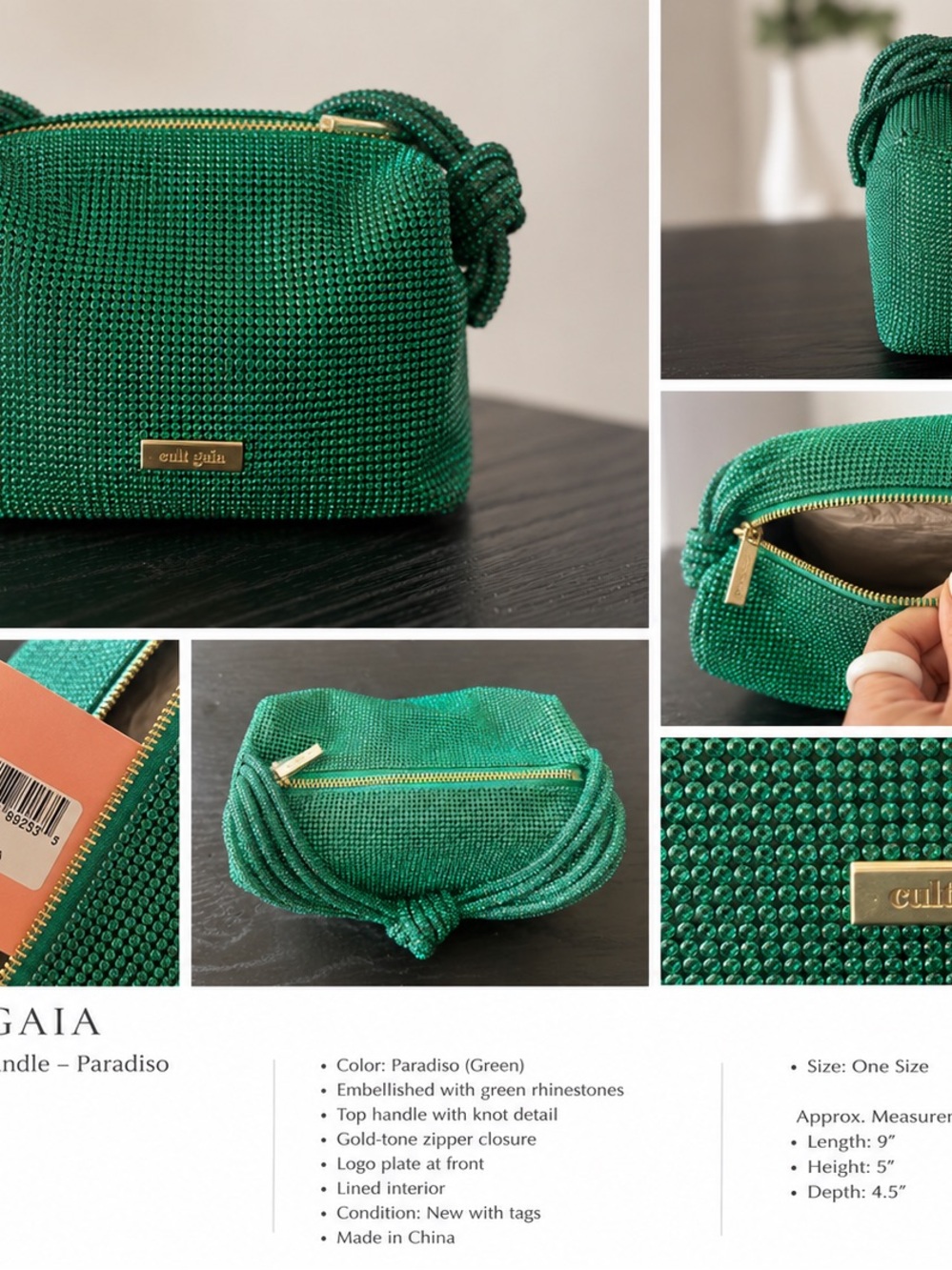cult gaia Paradiso Green Rhinestone Knot-Handle Cosmetic Bag